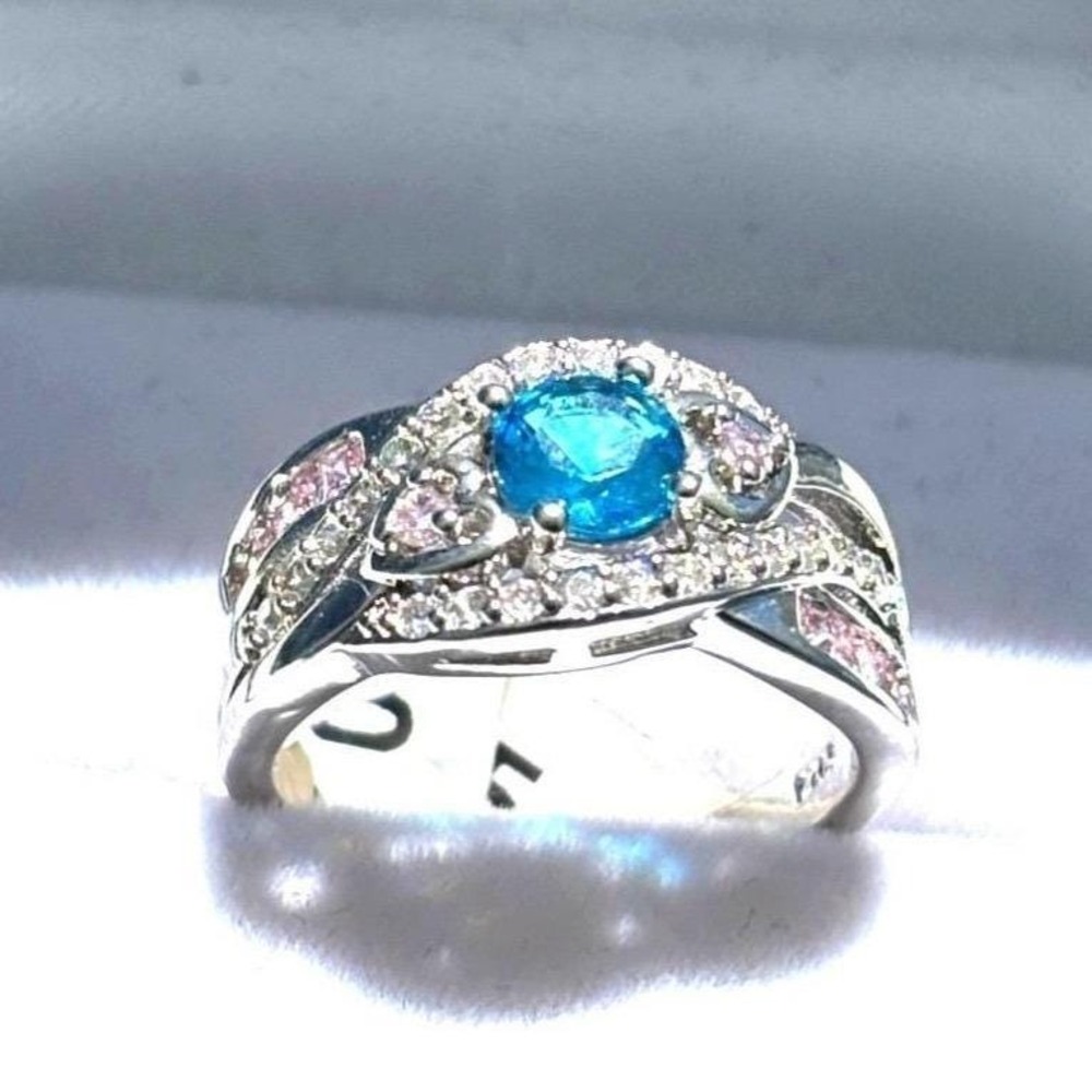 Ring Sterling Silver Blue Pink CZ Heart Statement 7  New